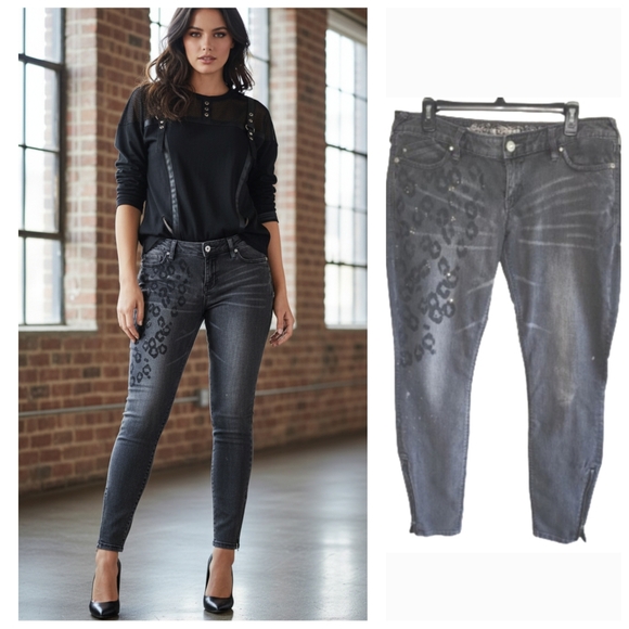 Express black skinny jeans with leopard print and ankle zippers women's Size 10 - Picture 1 of 15